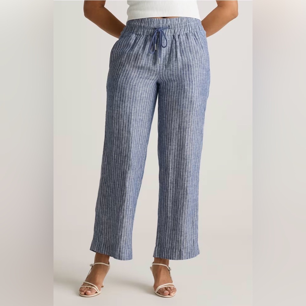 Quince Chambray Stripe Linen Wide Leg Pants - Blue/White Pinstripe - Picture 4 of 8
